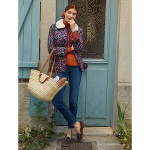 Talbots Quilted Bomber Jacket Woodland Ditsy Faux Fur Collar Fox Deer 1X Petite